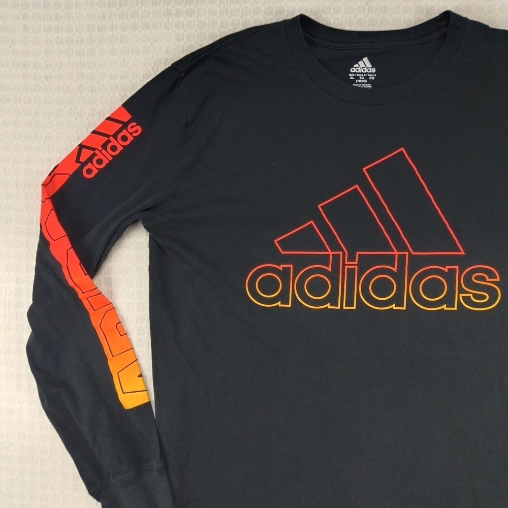 Adidas Kids XL 18/20 Black Long Sleeve Graphic T-Shirt Orange Red Gradient Logo